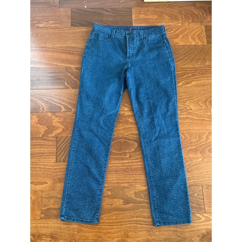 NYDJ Women Blue Leopard‎ Print Straight Leg Jeans Lift Tuck Technology Size 10